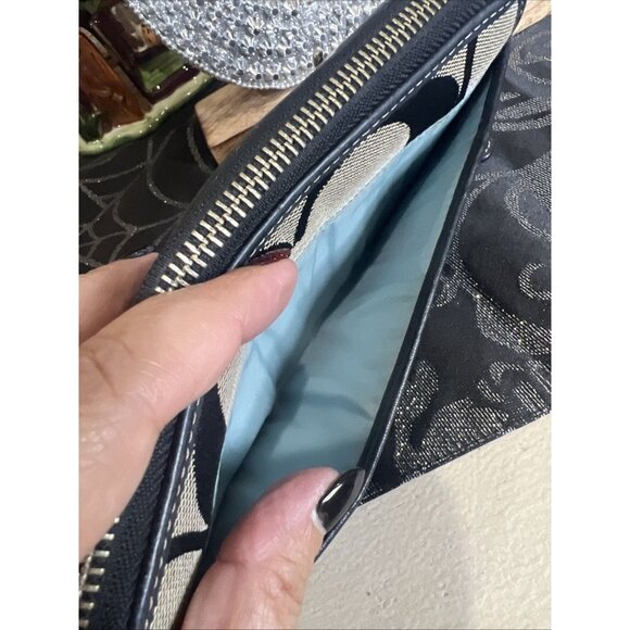 Coach Wallet Zoe Double Buckles Black Jacquard Leather Accordion Zip - Picture 7 of 13